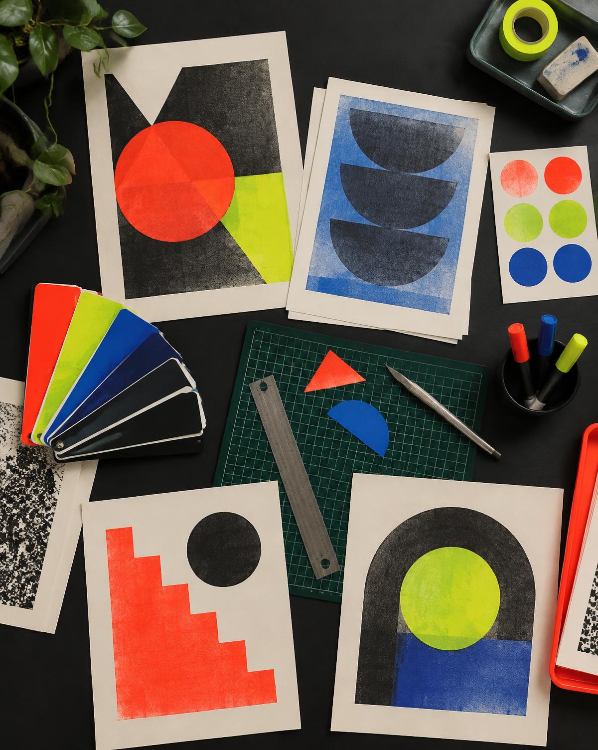 Colour swatches and bold printed posters on a designer's desk