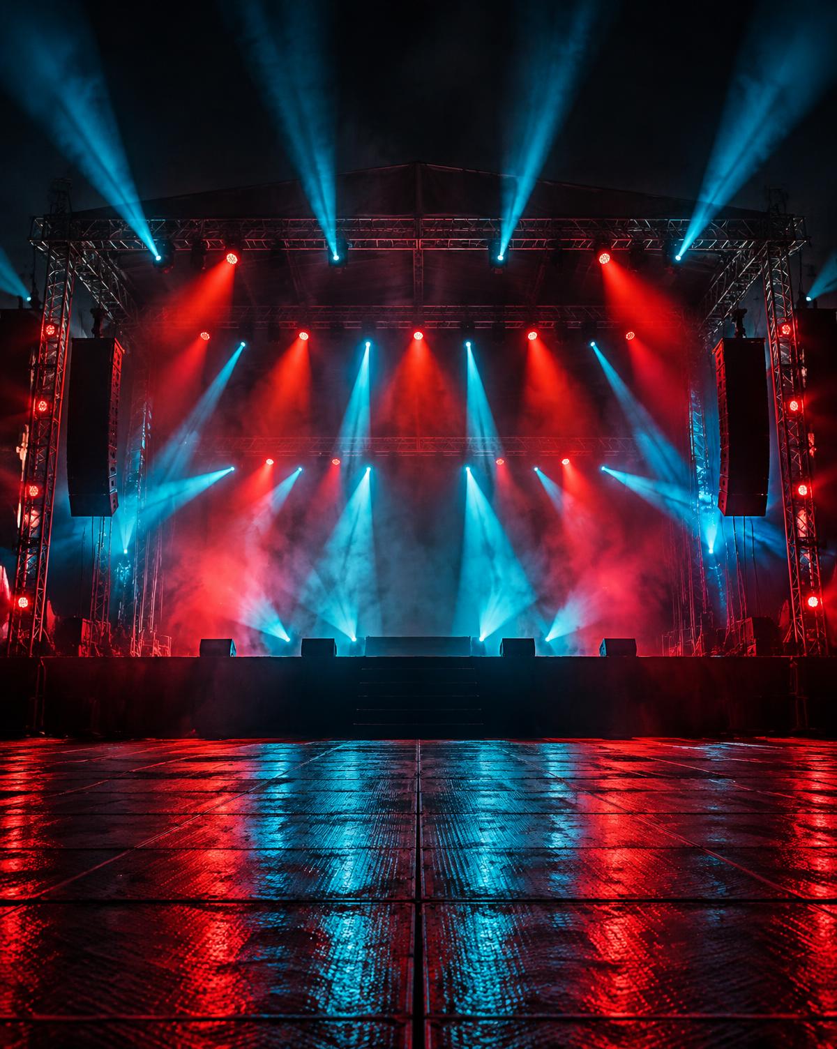 An empty festival stage lit by red and blue beams through haze