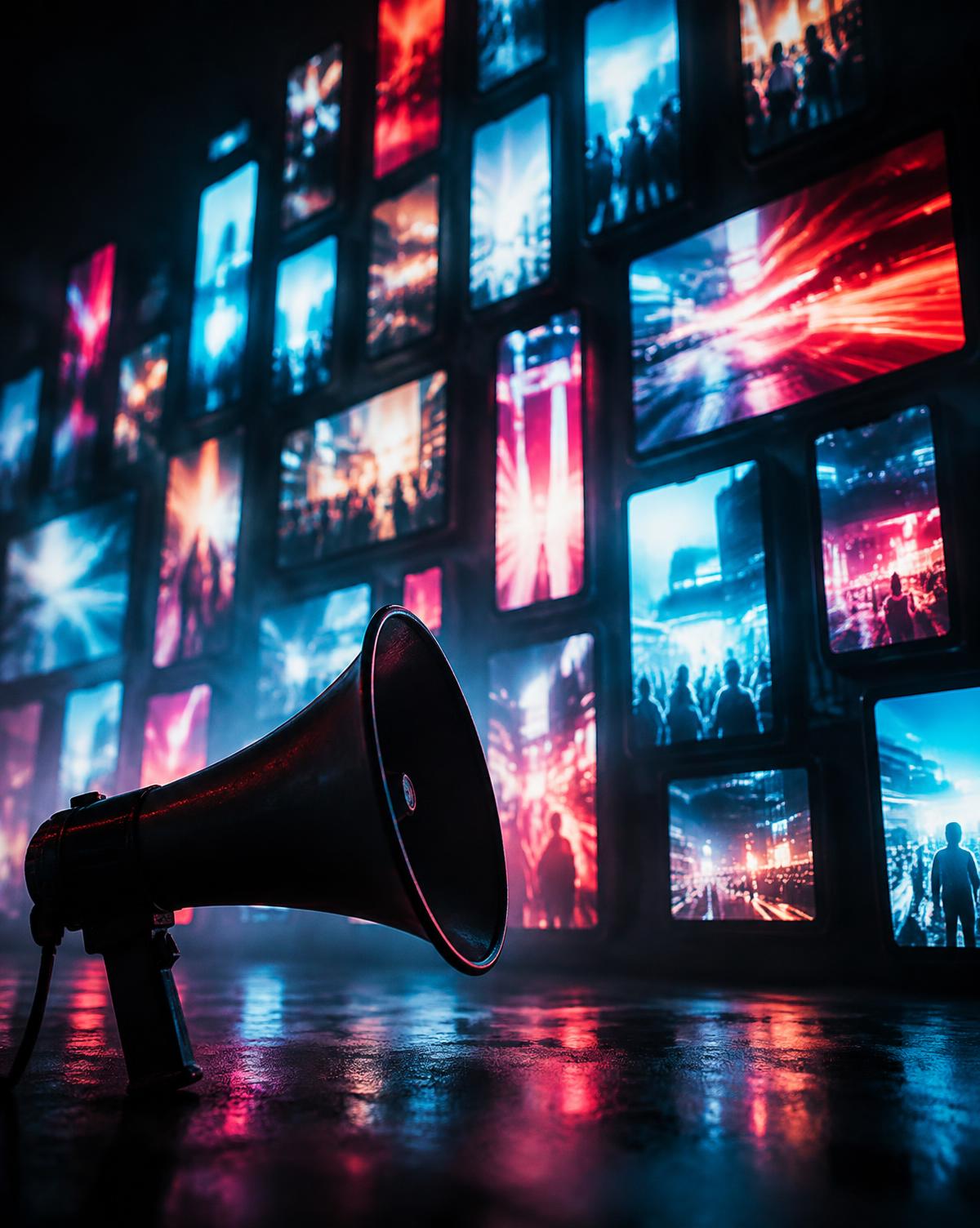 A megaphone in front of a wall of glowing screens