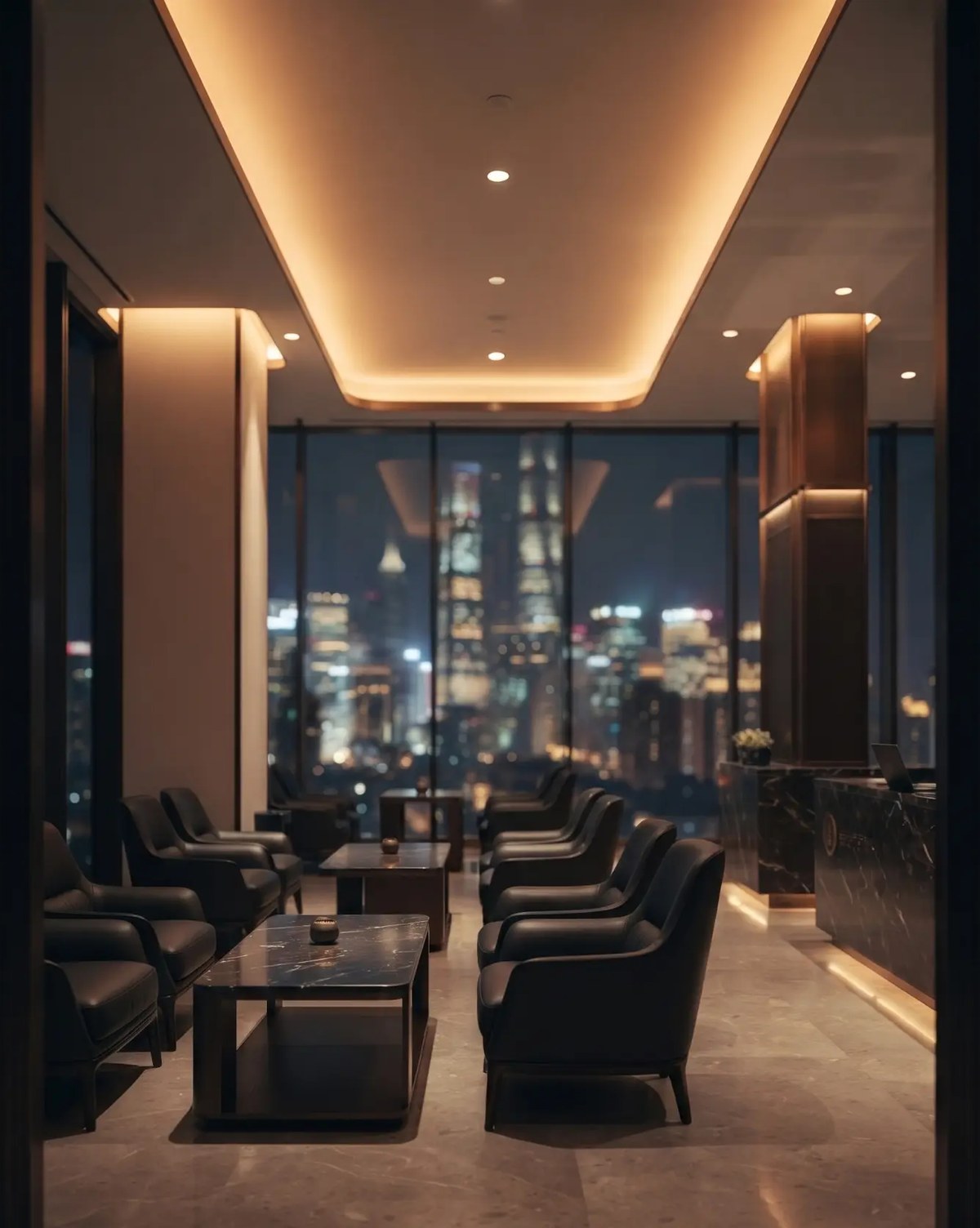 A luxury lounge with leather armchairs overlooking a city skyline at night
